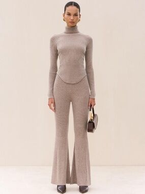 NWT Cult Gaia Ezzie Cashmere Wool Ribbed Kick Flare Pants Sz Small, Tan Oatmeal